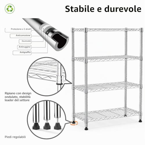 M MZG 454KG Storage Shelving Rack Multi-purpose 4 Tier Steel Wire Rack Organizer for Home Kitchen Office Chrome (34.8 x 60 x 136.5 cm (L x W x H)
