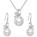 EleQueen 925 Sterling Silver CZ Cream Freshwater Cultured Pearl Leaf Bridal Necklace Hook Earrings Set Clear for Women, Valentine's Day/Mother's Day/Christmas Jewelry Gift