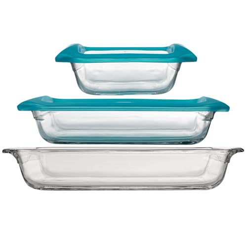 Libbey Baker’s Premium 5 Piece Glass Bakeware Set, Includes 10x14, 9x13 with Lid, and 8x8 with Lid, Stackable with GreatGrip™ Handles