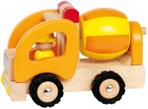 goki 55926 - Betonmischer aus Massivholz, Figur, Robustes Baustellenfahrzeug mit Gummireifen, gelb, drehbarer Mischer, Kinderspielzeug ab 2 Jahre