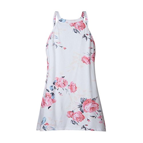 Gyouandme Summer Print Shirt Blouse Crew Neck Sleeveless Flowy Tank Tops (L, White)