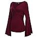 Fancyqube Women's Sexy V-Neck Twist Knot Front Long Bell Sleeve Blouse Tops Burgundy XL