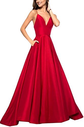 Prom Dresses Women's V-Neck Floor Length Satin Spaghetti Straps Evening Dress