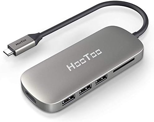 USB C Hub, HooToo USB C Adapter with Extended Cable (22cm) Type C Power Delivery, HDMI Output, Card Reader, 3 USB 3.0 Ports for MacBook/Pro/Air and Windows Type C Laptop-Grey
