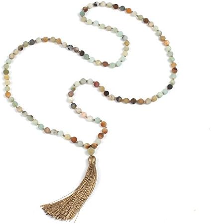 OKIKO Mala Beads Necklace Gemstone Chakra Boho Tassel Handmade Statement Long Chain Yoga Meditation Jewerly