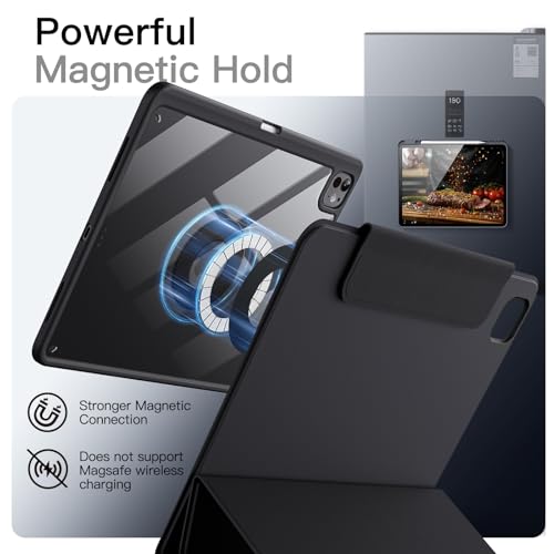 JETech Detachable Magnetic Case for iPad Pro 11 Inch M5/M4 (2025/2024) with Pencil Holder, Removable Rotating Clear Case, Portrait/Landscape Stand (Black)
