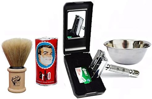 Baili ® Shaving Set Silver Plated Butterfly Double Edge Razor - Shaving Kit Natural Shaving Brush Arko Shaving Soap Stainless Steel Slim Shaving Bowl Double Edge Razor Kit Fathers Day Gift