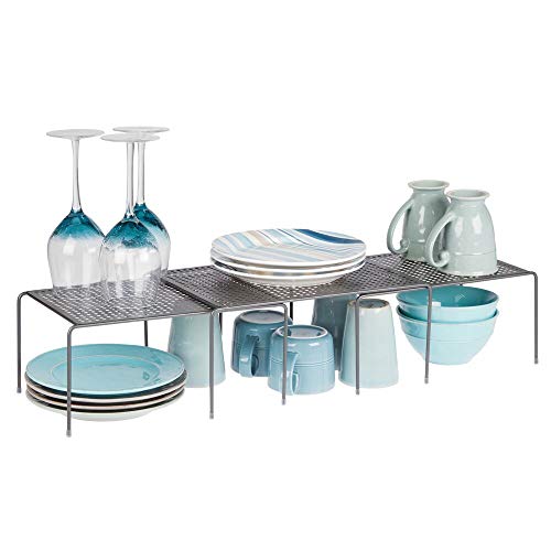 mDesign Adjustable Modern Metal Kitchen Cabinet, Pantry, Countertop Organizer Storage Shelves: Expandable and Stackable - 3 Piece Set - Durable Steel, Non-skid Feet - Graphite/Gray