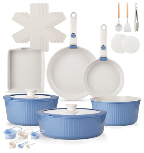 KOCH SYSTEME CS 20 Piece Non stick Ceramic Cookware Set, Pots and Pans Set with Detachable Handle, Induction Kitchen Cookware Sets, Cooking Pan Set with Removable Handle, RV Cookware Set, Blue