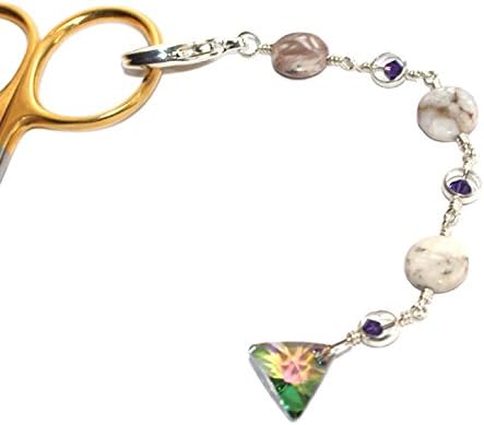 Scissor Accessory - Crystal Triangle Pendant Planner Charm - Round Agate Stone Bead Zipper Fob - Bag Accessory - Gift for Stitcher