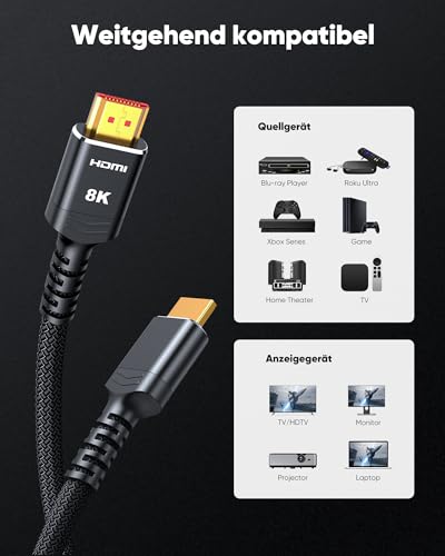 Highwings HDMI 2.1 Cable 3 Metre Certified, 10K 8K HDMI Cable 48Gbps Ultra High Speed 8K 60Hz 4K 120Hz 7680P eARC HDCP 2.2 & 2.3 DTS:X Dynamic HDR Compatible with Soundbar HDTV Monitor