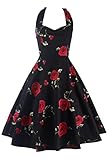 Abetteric Women Halter Roses Printed Hepburn Big Hem Pinup Dress Red M