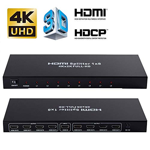 4K 1x8 HDMI Splitter, NEWCARE One in Eight Out Powered 8way HDMI Splitter Audio Video Distributor Amplifier with Charger, Support Full HD 3D & 4K x 2K