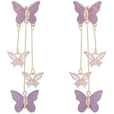 Purple Crystal Butterfly Tassel Earrings for Women Crystal Rhinestone Drop Dangle Earrings 3D Butterfly Earrings Wedding Jewelry for Women