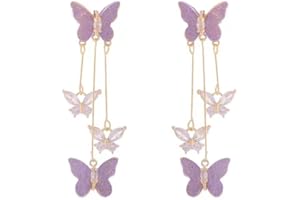 KHKINDPRO Purple Crystal Butterfly Tassel Earrings for Women Crystal Rhinestone Drop Dangle Earrings 3D Butterfly Earrings Wedding Jewelry for Women