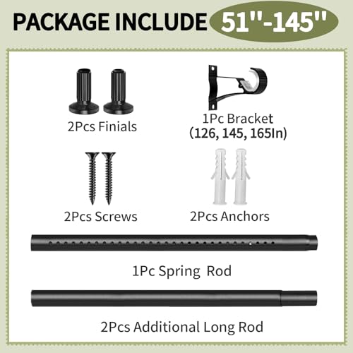 Tension Curtain Rod 51-145In(4.25-12.08Ft), Extra Long Outdoor Curtain Rod No Drilling for Window or Patio, Adjustable Spring Shower Rod, Never Rust, Rod Diameter 1.26In-Black