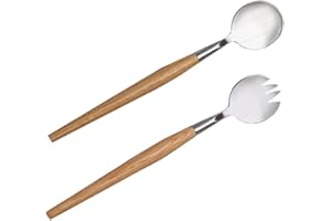 OSOLADY Stainless Steel Salad Fork and Spoon Set with Wooden Handles, 2pcs Flatware for Dinner and Fruit Serving, Sturdy Tabl