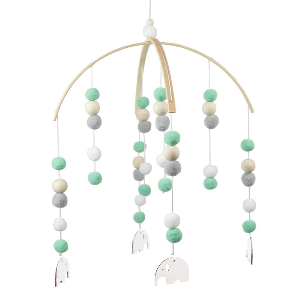 Uposao Mobile Baby, Wooden Baby Bed Mobile Wind Chime Rattle Toy with Felt Balls Newborn Children's Room Hanging Bed Bell Mobile Wind Chime Pom Pom Mobile for Cot, Elephant, Green