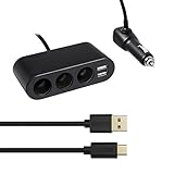 Car Charger Adapter, Ofspower 3 Socket Cigarette Lighter Adapter with 12V Dual USB Car Phone Charger + 3FT USB Type C Cable for Smartphones