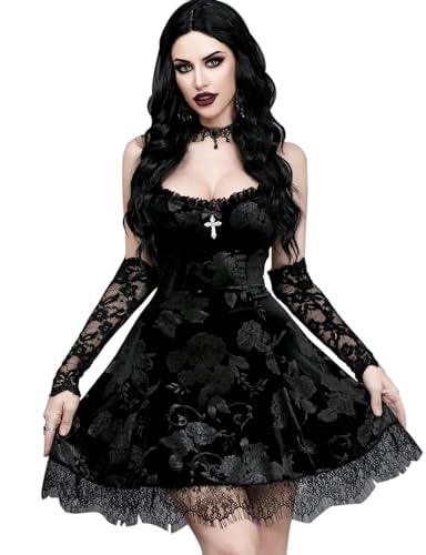 InGoticos Women Gothic Sexy Mini Lace Patchwork Cross Velvet Slip Goth Dress Without Choker for Halloween