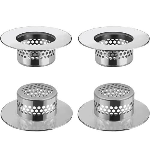 SHUUDAUKO 4 Piezas Coladores de Desagüe para Lavabo, Tapa de Desagüe de Acero Inoxidable, Atrapapelos, para Ducha, Tocador y Lavabo de Caravana - Antiobstrucción, Fácil de Limpiar