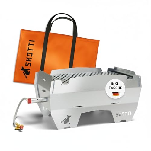 SKOTTI Grill Gas, Camping Grill Gas klein, Ideal für Camping, Festival oder Balkon, Gasgrill für Gaskartuschen, Kleiner faltbarer Campinggrill, Steckb