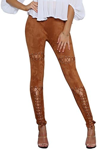 VertHome Women's Causal Skinny Trousers Sexy Lace-up Hollow Out Suede Leather Pencil Pants
