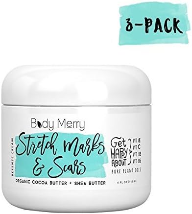 Body Merry Stretch Marks & Scars Defense Cream 3-PK: Daily Moisturizer w Organic Cocoa Butter + Shea + Oils for removal & fading for old/new scars, stretch marks, pregnancy - Perfect for Men & Women