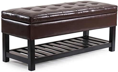 JOYVEN Tufted PU Leather Storage Ottoman Bench with Slat Bottom Storage Area (Brown)