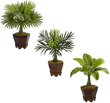 Amazon 人工ミニヤシの木 3個セット 装飾木製プランター リアルな室内ヤシ 緑 トロピカル フェイクプラント シルクポリエステルブレンド 人工 観葉植物 オンライン通販