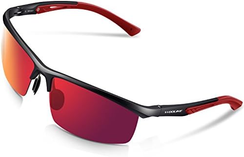 WOOLIKE Men's Sports Style Polarized Sunglasses For Cycling Running Fishing Driving Golf Unbreakable Al-Mg Frame Metal Glasses W819 (Black frame&amp;Red lens)