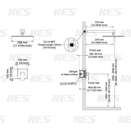 KES Black Shower Faucet Set Shower Valve and Trim Kit 12Inch Square