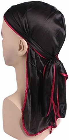 Samidy Men Women Silky Long Tail Hair Loss Chemo Beanie Durag Muslim Bandana Turban (Black&Red)