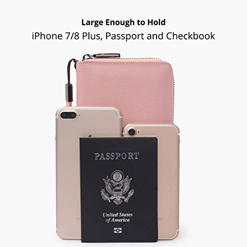 Women RFID Blocking Wallet Leather Zip Around Phone Clutch Large Travel Purse Wristlet (Pink)