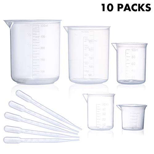 Plastic Beaker Set, 5 Sizes Low Form Measuring Graduated Griffin Polypropylene Beakers in 500 ml, 250 ml, 100 ml, 50 ml, 25 ml for Laboratory, Science Experiments with 5 Plastic Droppers in 3 ml。