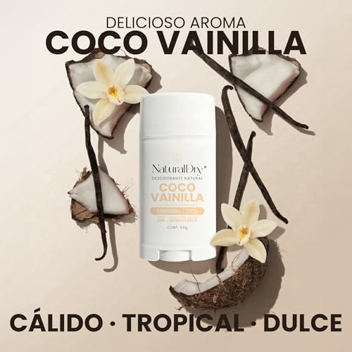NaturalDry Desodorante Natural que SÍ FUNCIONA | Delicioso aroma Coco Vainilla | Sin Aluminio | Sin Parabenos | Desodorante Mujer | No macha la ropa | Protege del mal olor hasta 24 Horas | 50 G (3 Unidades)