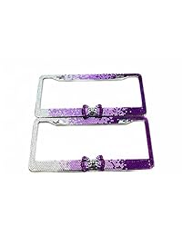 Purely Handmade Fashion 8 Fila Gradient lazo morado Bling Crystal Car License Plate Frame Cute impermeable Rhinestone SUV License Plate Titular Camión Marco de la placa de acero inoxidable (2 marcos)