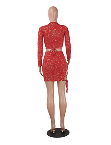Halfword Womens Two Piece Lace Up Bodycon Crop Top Mini Skirt Sets Club Outfits Red S