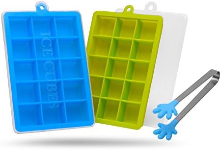 KIDASON Silicone Ice Cube Trays with Lids - 2 Pcs Covered 15 Ice Cube Tray Set for Whiskey Cocktail and Any Drink BPA Free, Bouns Ice Tongs(Azure&amp;Green 15)