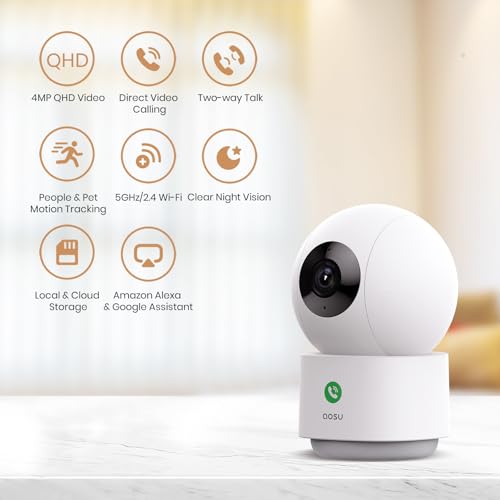 AOSU 4MP Indoor Security Camera, 2.5K Baby Monitor Pet Dog CAM, 5GHz/2.4GHz Wi-Fi Camera Surveillance Interieur, 360° Motion Tracking Pan/Tilt, IR Night Vision, 2-Way Audio, Compatible with Alexa