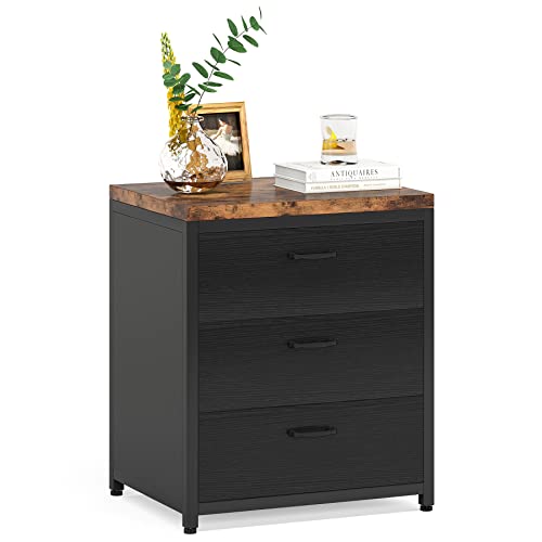 Tribesigns Black Nightstand, 3 Drawers Nightstands, Metal and Wood