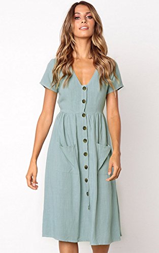 image for Angashion Women's Dresses-Short Sleeve V Neck Button T Shirt Midi Skat