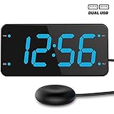 Bed Shaker Loud Alarm Clock for Heavy Sleepers, Deaf &amp; Hearing Impaired, Dual Alarm Digital Clock with 2 USB Charger, 7-Inch Display, Full Range Dimmer – Ocean Blue