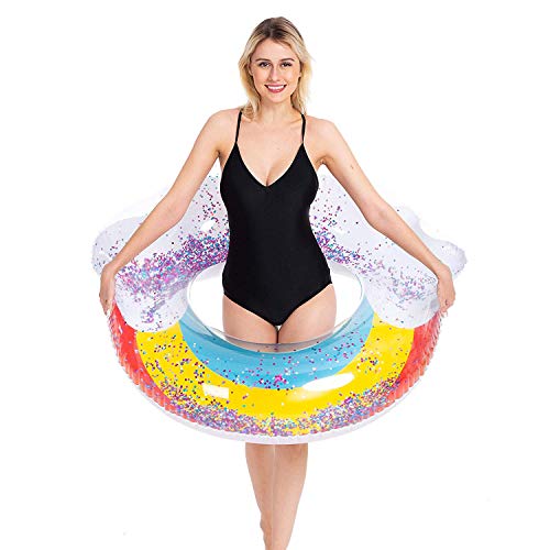 Zoostliss Giant Inflatable Rainbow Pool Float with Glitter Inside, Fun Beach Floats, Swim Party Toys, Summer Pool Raft Lounger for Adults & Kids