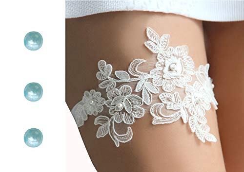 YuRong Bridal Lace Garter Pearls Garter Flower Leaf Design G43 (skyblue)