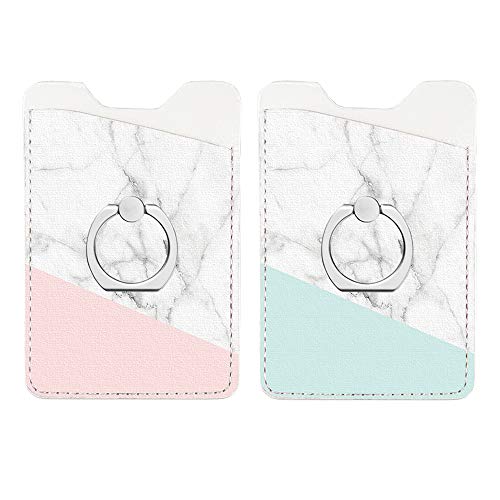 Obbii 2 Pack PU Leather Card Holder with Finger Ring for Back of Phone with 3M Adhesive Stick-on Credit Card Wallet Pockets for iPhone and Android Smartphones (Pink & Tiffany Marble) - Thumbnail 7
