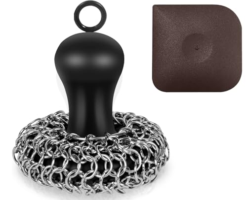 Cast Iron Cleaner Scrubber with Pan Scraper, Upgraded Chain Mail Scrubber Cast Iron Cleaning Kit, Metal Chainmail Scrubbing Sponge Scrub Brush to Clean Pan, Skillet, Grill, Dutch Oven, Wok