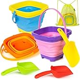 Beach Toys Collapsible Buckets Silicone Beach Pails Sandbox Toy with Sand Shovels Mesh Bag Outdoor Play for Boys Girls (3 Buc