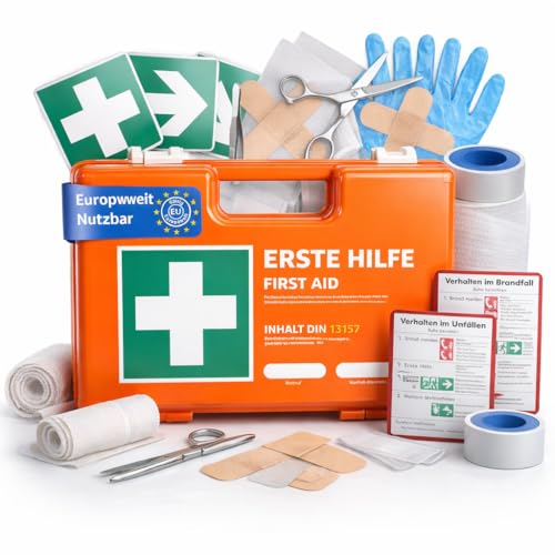 Erste Hilfe Kasten - DIN 13157 Koffer für Unternehmen & Betriebe - Verbandskasten orange nach aktueller Norm geprüft - Mit Aufkleber & Wandhalterung thumbnail 1
