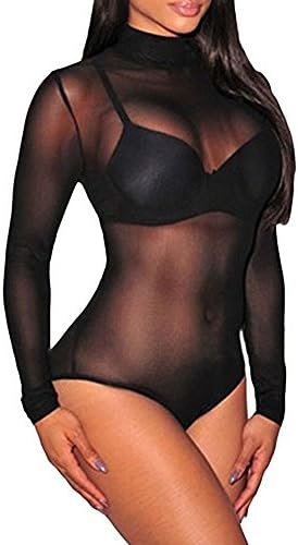 NECOOER Womens Sexy Lace Sheer Long Sleeve Bodysuit Tops Clubwear (Black-4, X-Large)